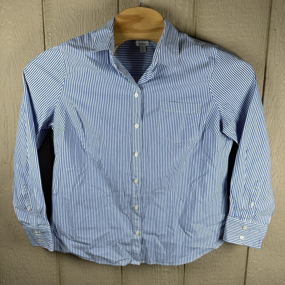 J. Crew Button Up Cotton Poplin Shirt Signature Fit Womens XL Blue White Striped
